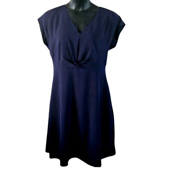 Tahari ASL Navy Blue Cap Sleeve Fit & Flare Dress Size 12 – Elegant V-Neck, NWT - Picture 2 of 7